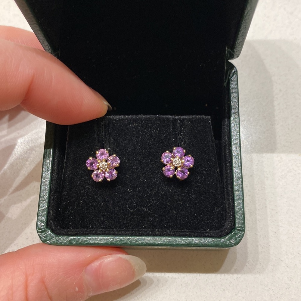 14k Solid Yellow Gold Amethyst Diamond Flower Stud Earrings